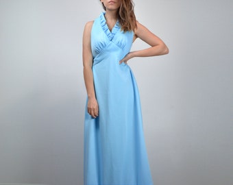 1970s Long Blue Sundress, Small | Vintage Bright Blue Ruffle Maxi Dress