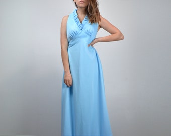 1970s Long Bright Blue Ruffle Sundress, S