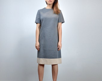 60s Retro Mod Colorblock Gray Wool Dress, M