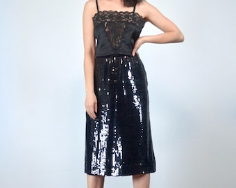 1970s 80s Black Sequin Skirt, S to M