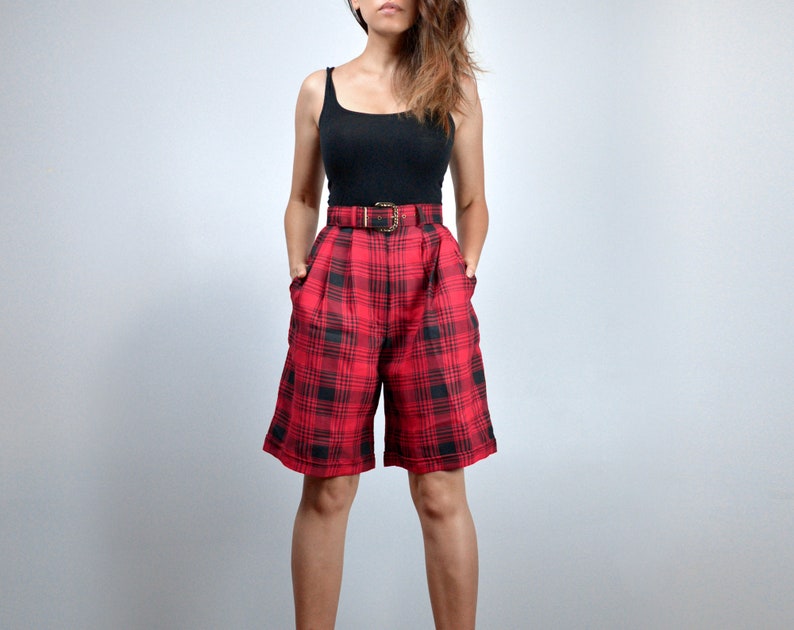 High Waisted Shorts, Vintage 80s Long Plaid Shorts for Women Extra Small XS image 1