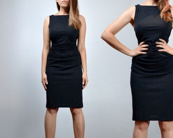 90s Minimalist Dress, Vintage Black Sleeveless Knee Length Ruched Dress - Extra Small XS