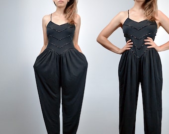 Vintage Jumpsuit, Womens Black Beaded One Piece, Harem Pants Jumpsuit Pockets - Extra Small to Small XS S