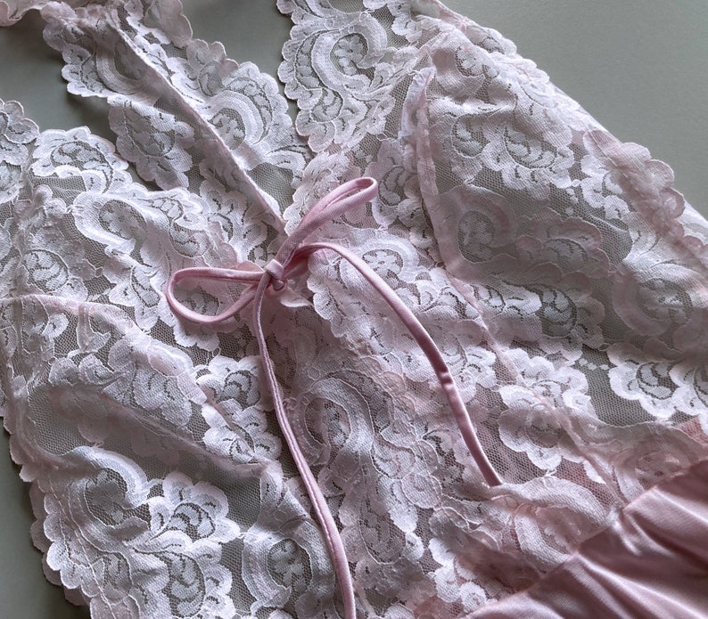 Pink Nightgown Dress Medium Vintage 80s Long Lace Lingerie, M image 6