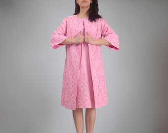 1960s Pink Lace Dress Set with Matching Jacket, M