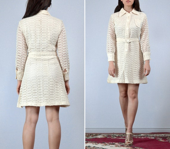 Vintage 60s Yellow Crochet Mod Mini Dress XS
