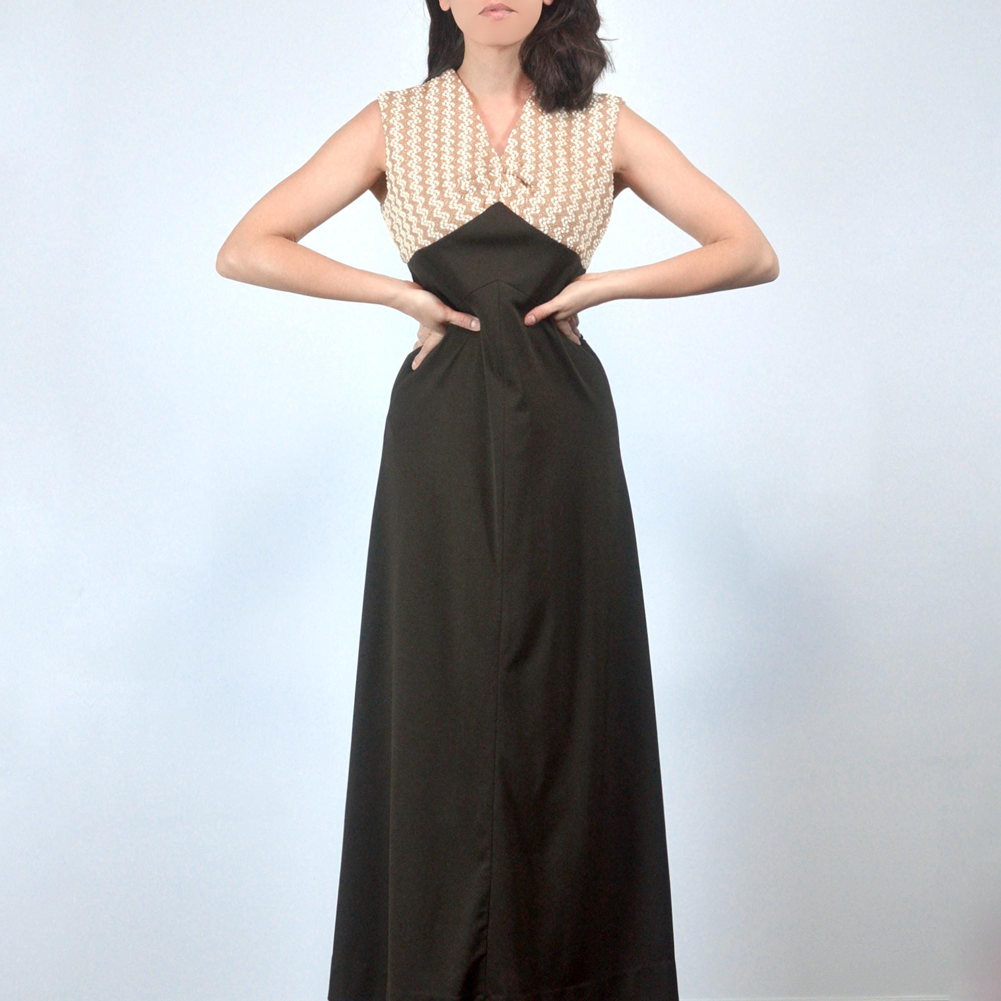 Vintage 1970's Long Brown & Gold Party Dress, XS to S