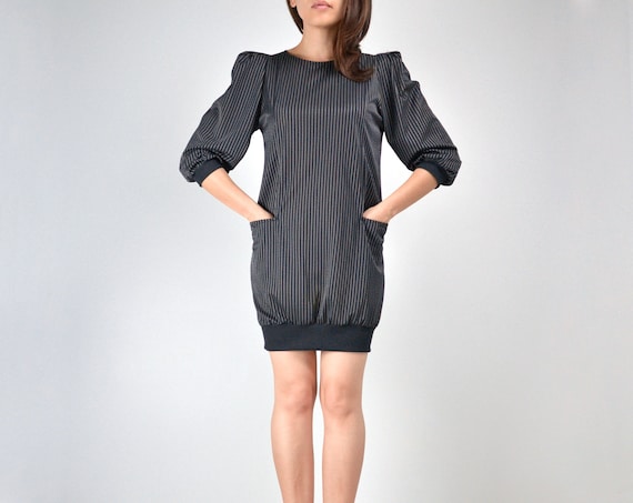 MidnightFlight Puff Sleeve Mini Dress, Vintage 80s Semi Sheer Striped Half Sleeve Dress - Xs / S