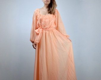 Vintage 1970s Orange Sheer Long Sleeve Maxi Dress, M