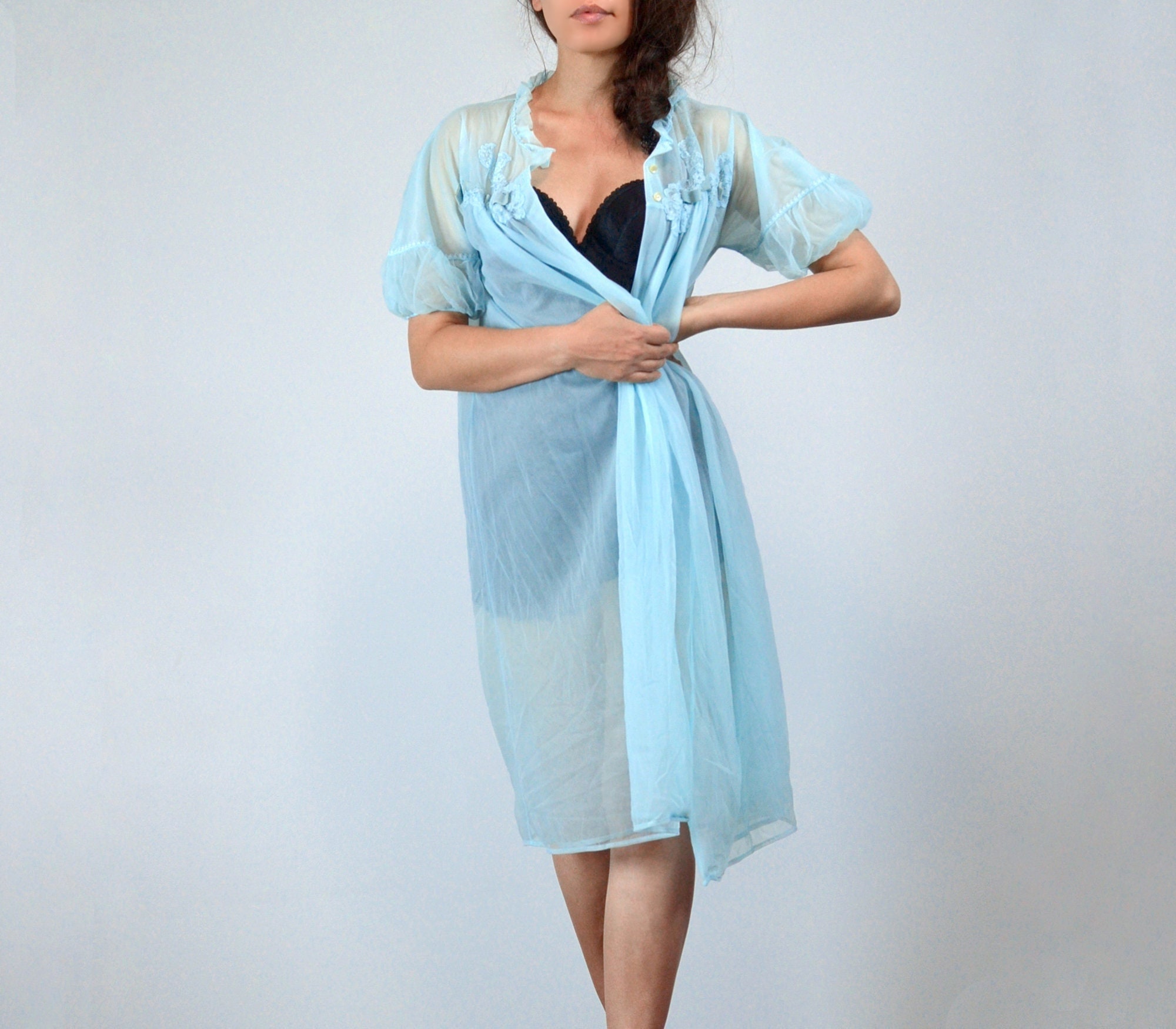60s Sheer Blue Peignoir Robe S to M Vintage Short Negligee - Etsy