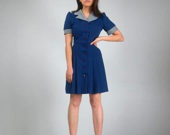 60s Checker Collar Navy Mod Mini Button Up Dress, XS