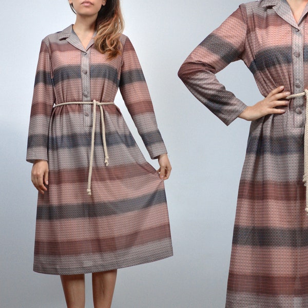 Vintage 70's Fall Dress - Large to Extra Large |  Retro Autumn Colors Sheer Striped Dress - L XL