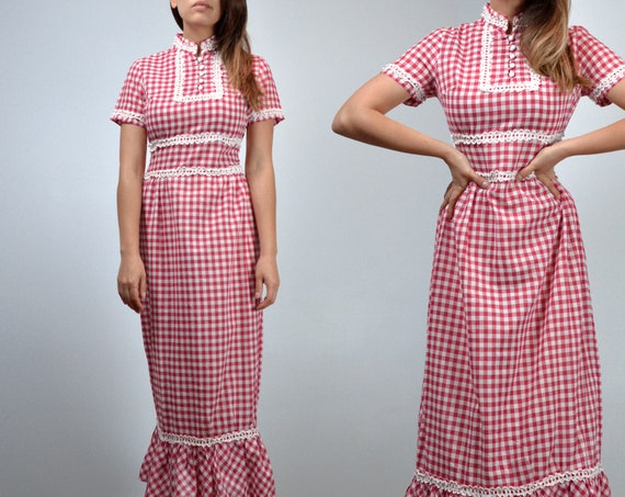 RESERVED // Vintage 70s Gingham Dress, Picnic Tabl