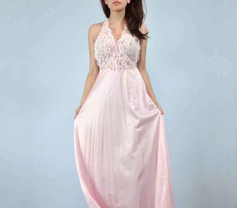 Pink Nightgown Dress Medium Vintage 80s Long Lace Lingerie, M image 5