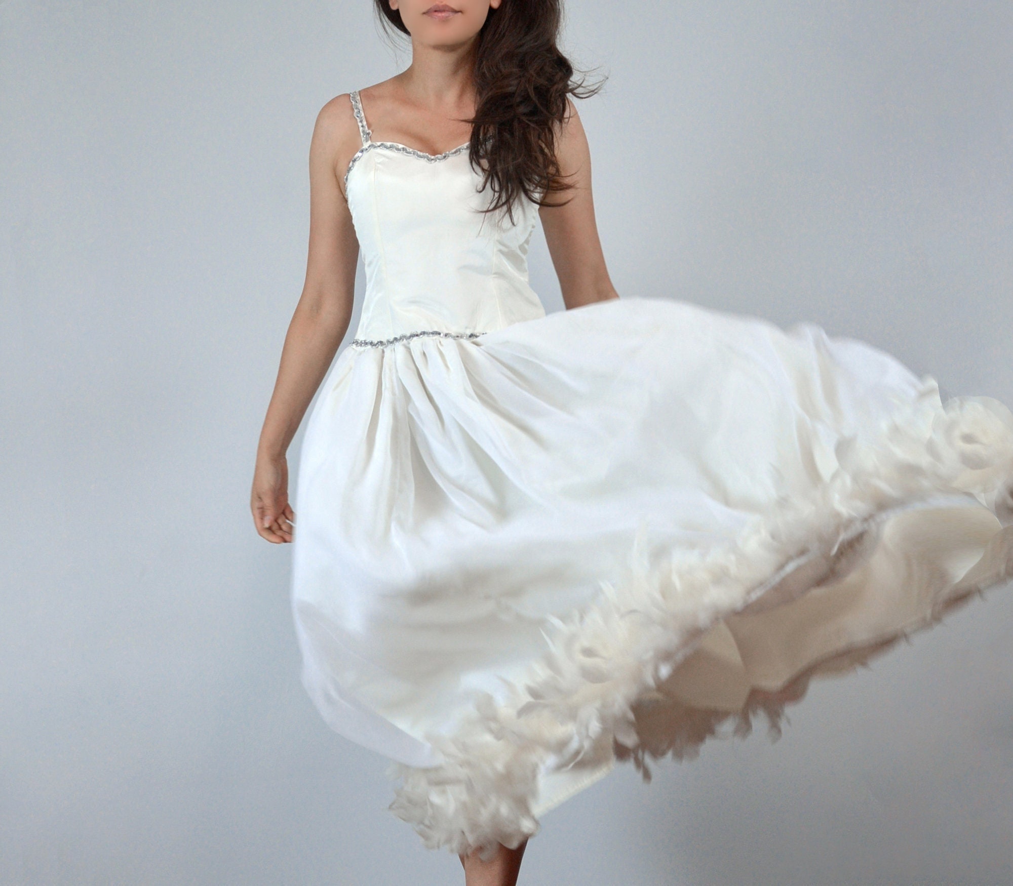 1970s 1980s White Maxi Dress with Feather Trim, Vintage Angel Costume, XXS