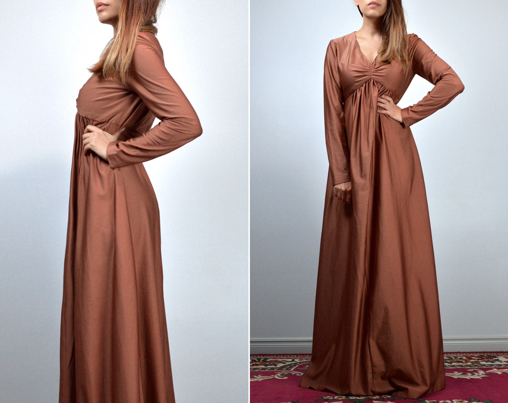 Vintage Copper Dress Empire Waist Maxi Long Sleeve Gown Etsy