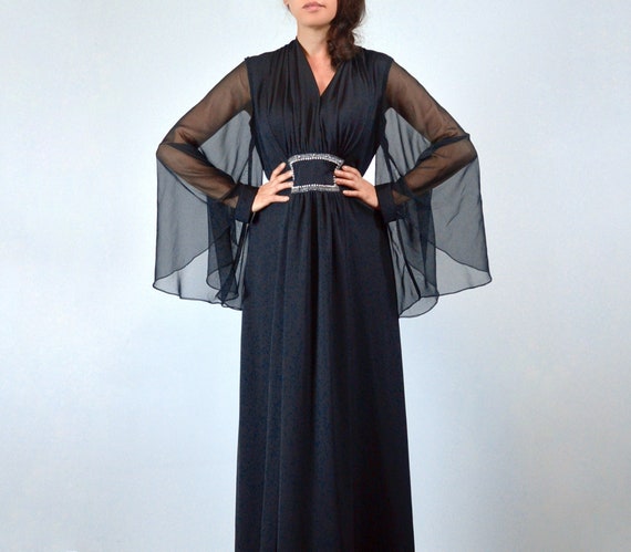 Sheer Bell Sleeve Boho Maxi Dress L 70s Womens Black Beaded