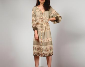 Vintage 70s Sundress, M to L | Sheer Boho Beige & Brown Bohemian Button Up Summer Dress