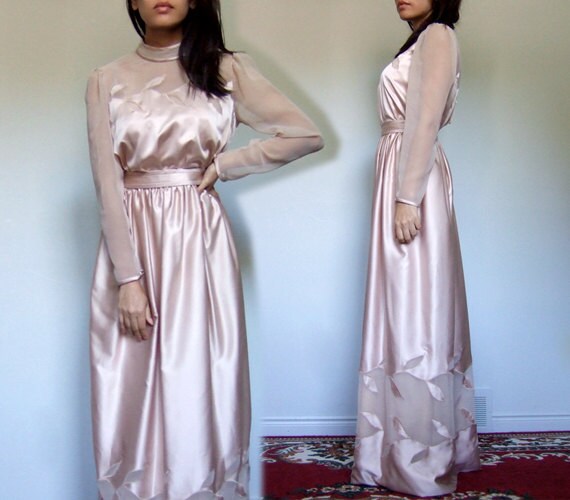 Vintage 70s Evening Gown, Beige Nude Sheer Long Sleeve Maxi Dress 
