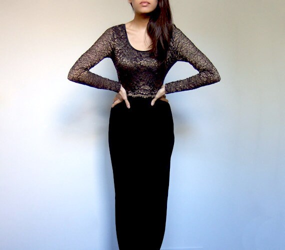 90s Lace Velvet Dress Black Bronze Long Sleeve Floor Length Party Dress Small To Medium S M