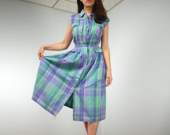 Vintage 80s Madras Plaid Cotton Skirt Set, XS to S