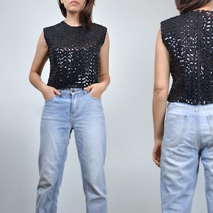 1960s Sequin Tank Top, Medium | Vintage 60s Black Glam Sleeveless Party Top