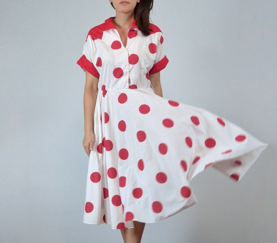 70s 80s Polka Dot Swing Dress, Medium | Vintage R… - image 3