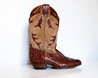 Vintage Cowboy Boots, Beige Suede Leather Snakeskin Western Shoes