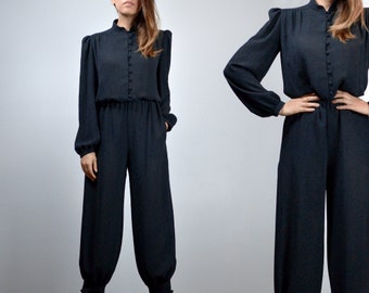 Vintage 70s Long Sleeve Jumpsuit, Black Button up - Extra Small XS S