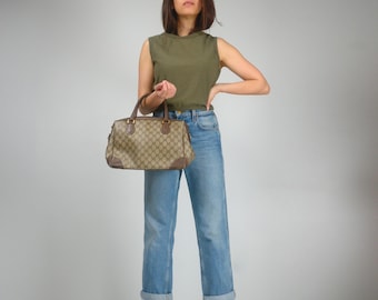 GUCCI GG Canvas Boston Bag, PVC Leather Beige Purse, Authentic Poor Condition