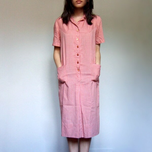 70s Plaid House Dress Pockets Collared Shift Button Up Short Sleeve Summer Shirt Dress Sundress - Large L