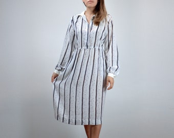 Black White Dress, Vintage 70s Sheer Striped Long Sleeve Dress, Medium to Large M L