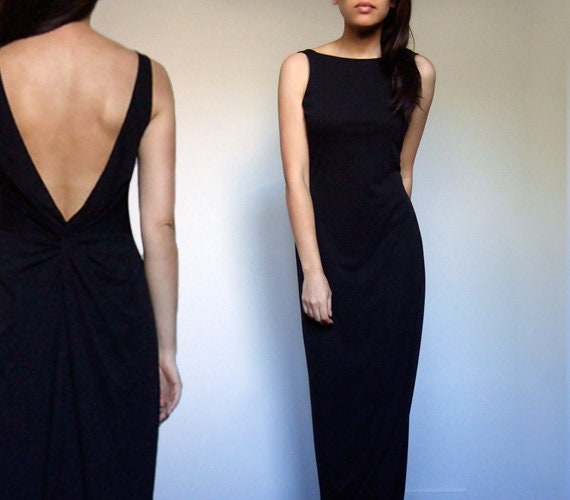 90s Deep V Dress, Black Knot Back Slinky Sleeveles