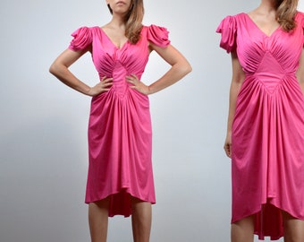 Vintage Hot Pink Party Dress, Short Sleeve V Neck 70s Draped Dress - Small to Medium S M