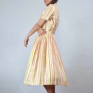 Vintage 1960s Yellow & Orange Shirt Dress, L | Collared Button Front