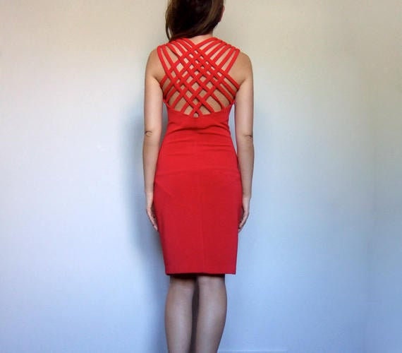 Vintage Bodycon Dress, Criss Cross Back Red Party Dress, Caged Back 80s  Medium to Large M L 