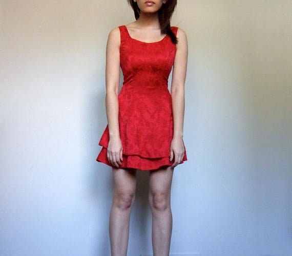 Red Mini Dress, Vintage 80s Party Dress, Womens Ru
