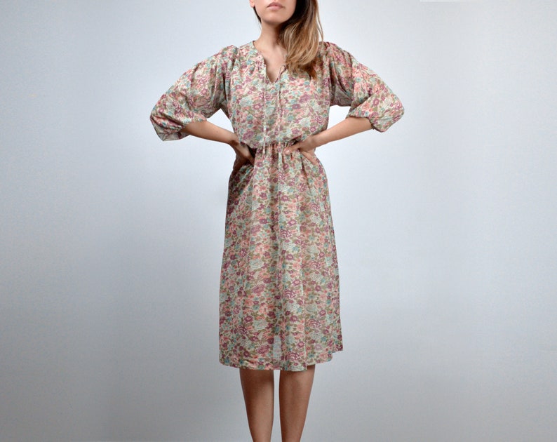 Sheer 70s Boho Dress Extra Small Vintage Womens Floral Sundress, XS S image 3