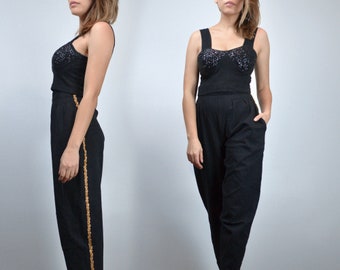 High Waisted Sweat Pants, XS | Tapered Harem Sweatpants, Black with Gold Trim