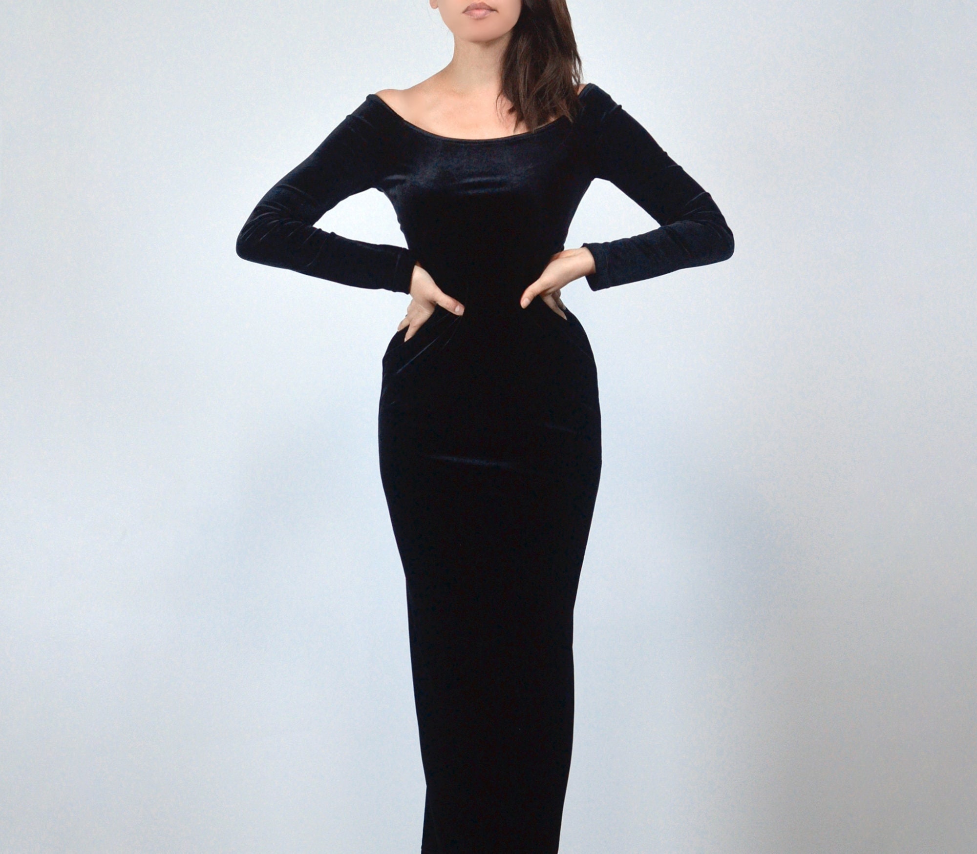 Vintage 90s Black Velvet Long Sleeve Maxi Dress, XS to Small