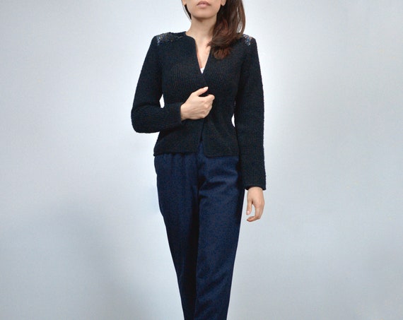 70s Sequin Cardigan, XS to S | Vintage 1970s Black Wool Blend