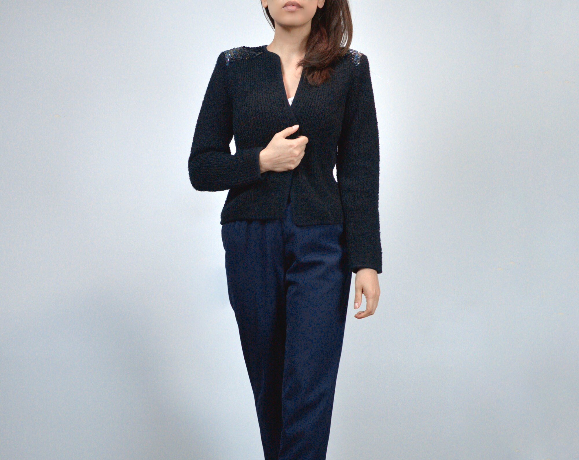 トップス 70s- black virgin wool cardigan 70s Sequin Cardigan, XS to S | Vintage 1970s Black Wool