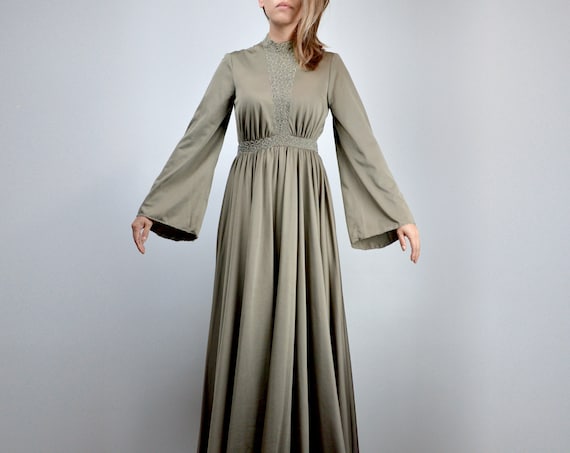 Long Sleeve Maxi Dress, Vintage Khaki Green Beaded Bell Sleeve