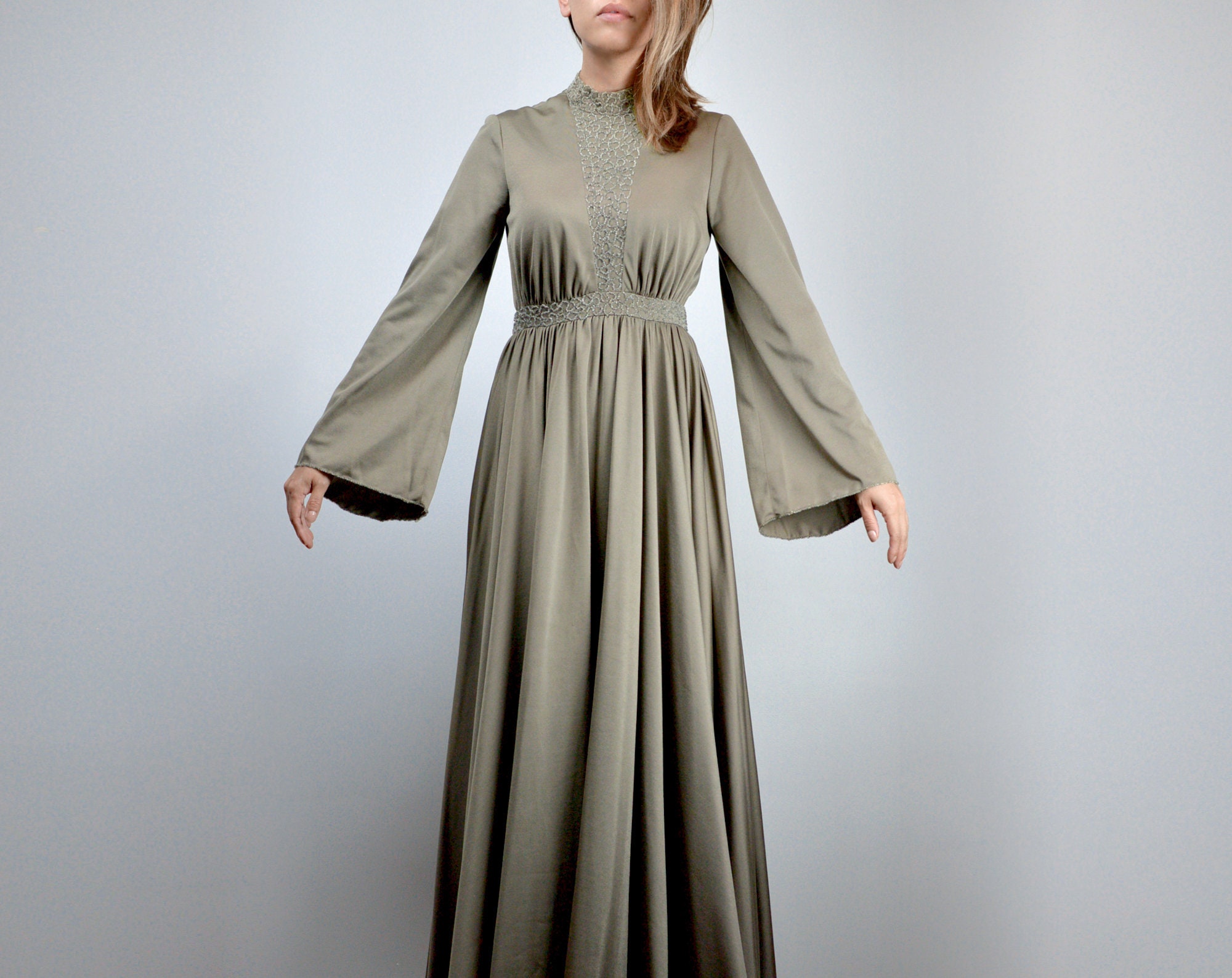 Long Sleeve Maxi Dress, Vintage Khaki Green Beaded Bell Long Sleeve Maxi Dress, Vintage Khaki Green Beaded Bell
