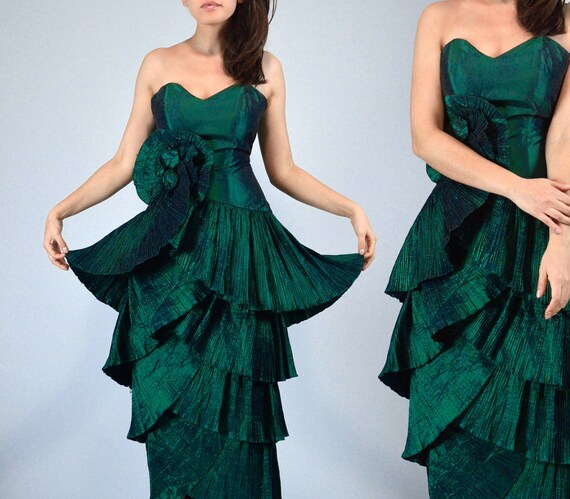 80s Strapless Party Dress, XXS | Vintage 1980s Dark Forest Green Tiered Prom Dress
