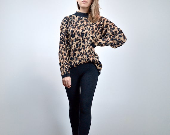 Vintage Metallic Leopard Print Knit Sweater, 80sG… - image 1