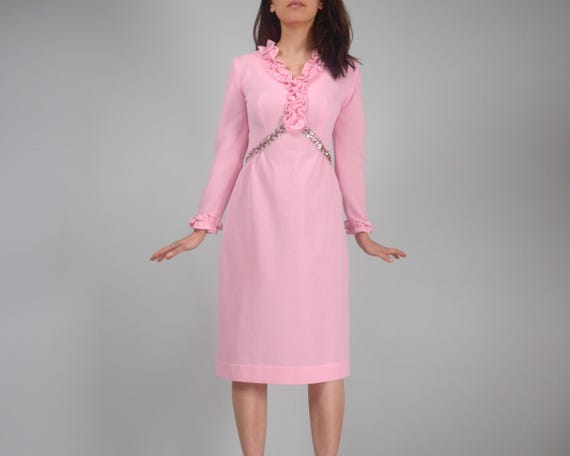 plain pink dress ladies Women, Vintage 70s Long Sleeve Ruffle Dress - Extra Small XS filter:Size Type:Plus