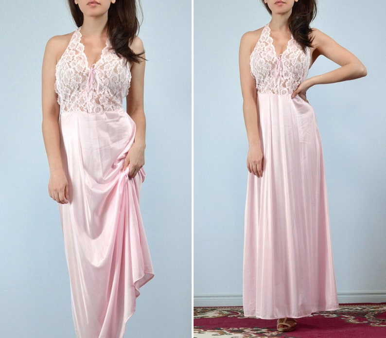 Pink Nightgown Dress Medium Vintage 80s Long Lace Lingerie, M image 4