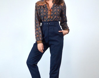 70s Boho Ethnic Long Sleeve Top, S | Casual Paisley Print Bohemian Blouse