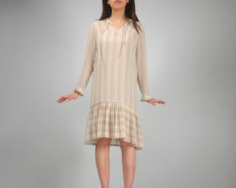 70s Sheer Striped Accordion Pleated Dress, S